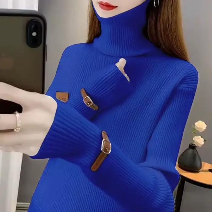 Pull tricoté col roulé uni tendance pour femme – Nouveauté automne – Haut décontracté ample style coréen