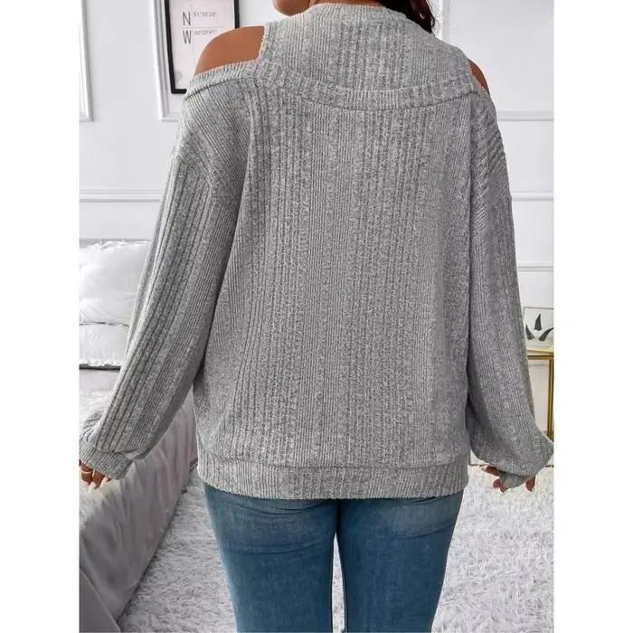 Pull en tricot pour femmes grande taille col mi-haut épissure couleur unie manches longues épaules dénudées automne hiver polyester confortable moderne