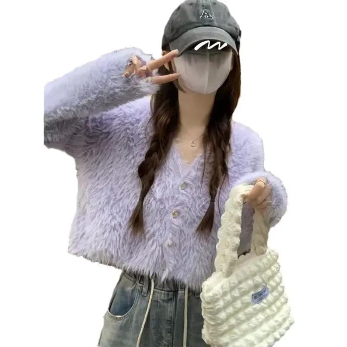 Pull court à col en v en peluche douce et cireuse pour femme
