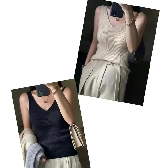 Femmes Pure laine camisole gilet pull col en v sans manches printemps automne 100%