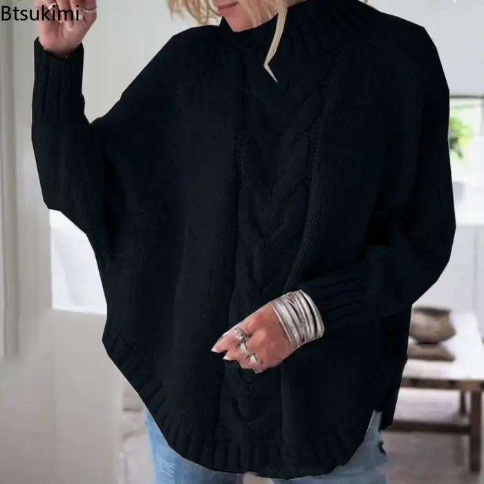 Pull-over col roulé décontracté pour femme 2026 – Basiques tricotés amples à manches chauve-souris pour l'automne et