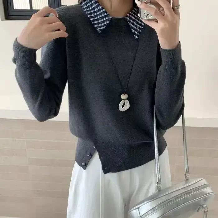 Pull en laine tricoté à carreaux, épissure, automne et hiver, haut deux pièces