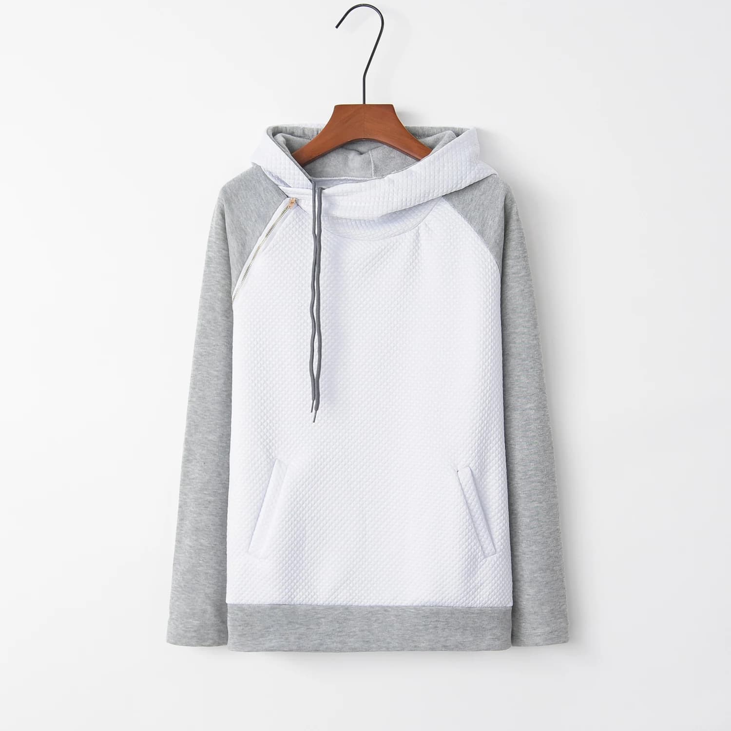 Pull à capuche pour femme à manches longues avec fermeture éclair, coutures aux épaules, couleurs co