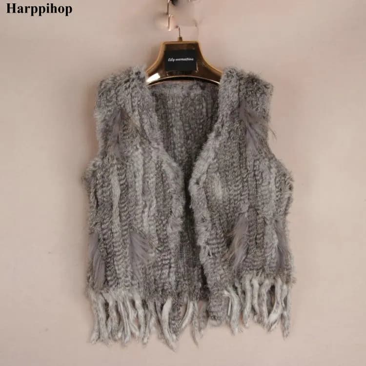 Harppihop – gilet tricoté à la main en fourrure de lapin, gilet sans manches pour vêtement