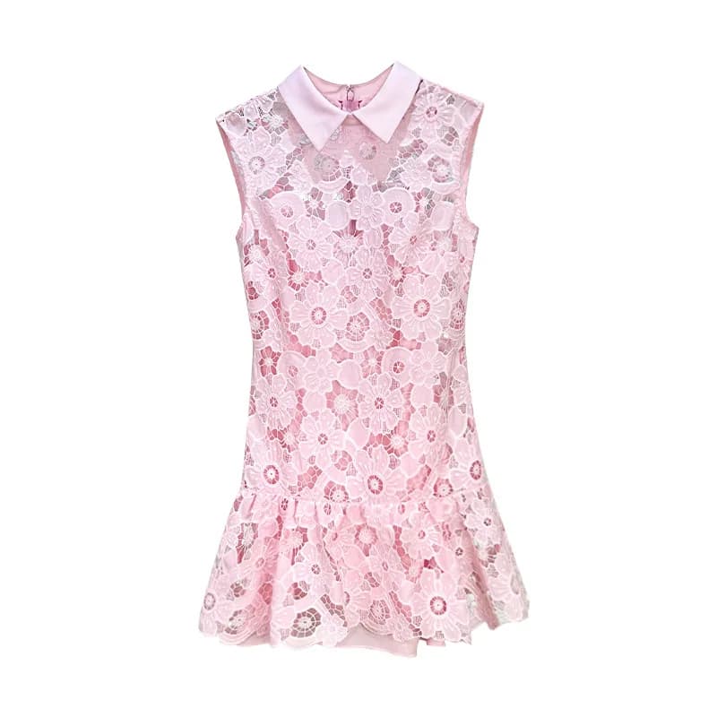 Nouvelle Robe en Dentelle Florale à Col, Robe Gilet Rose Sans Manches Ajustée et Évidée pour Femme