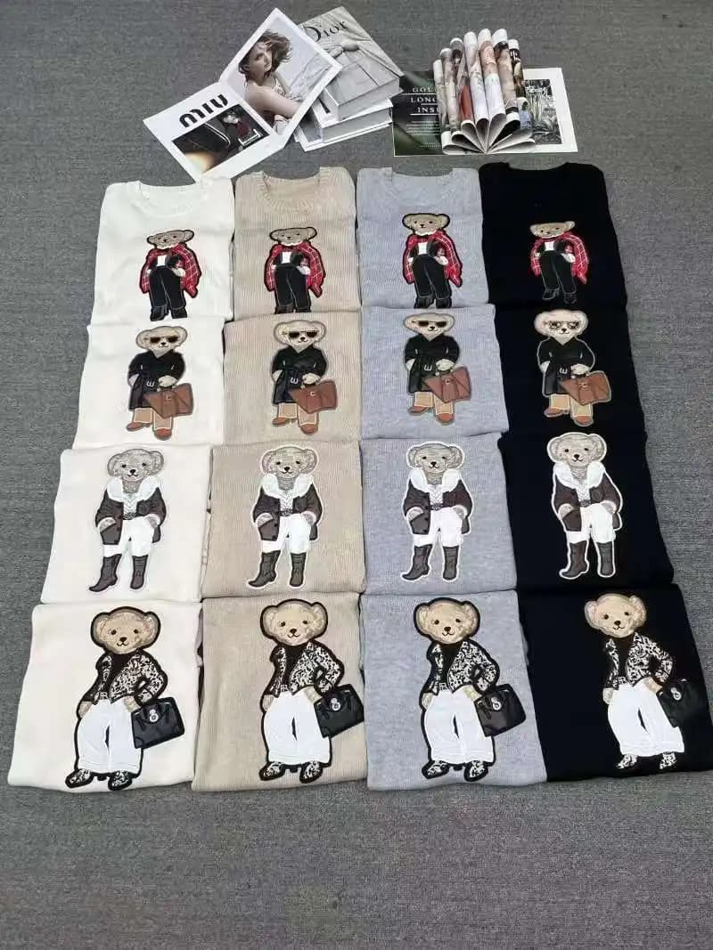  Pull en tricot de coton doux 2025, haut à col rond brodé d'ours pour femmes, pull décontracté co