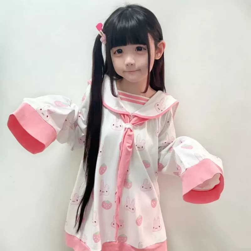 Robe Harajuku japonaise Kawaii, robe mignonne à col marin avec motif lapin, style Y2K rose, sub-cult