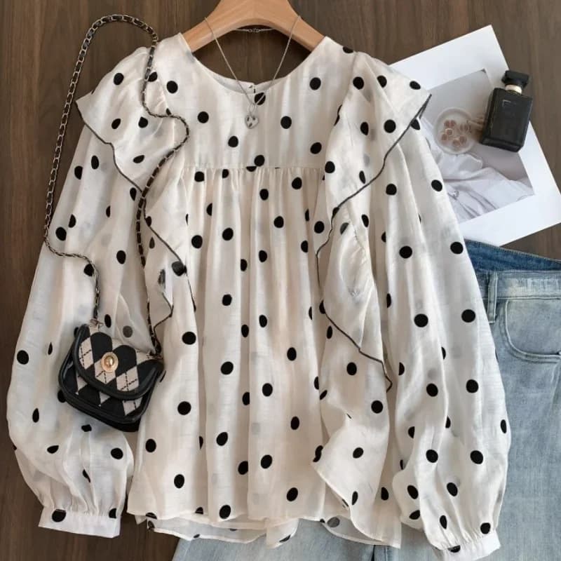 Chemisiers à pois pour femmes col rond manches longues chemises amples 2025 Blusas Mujer De Moda mod