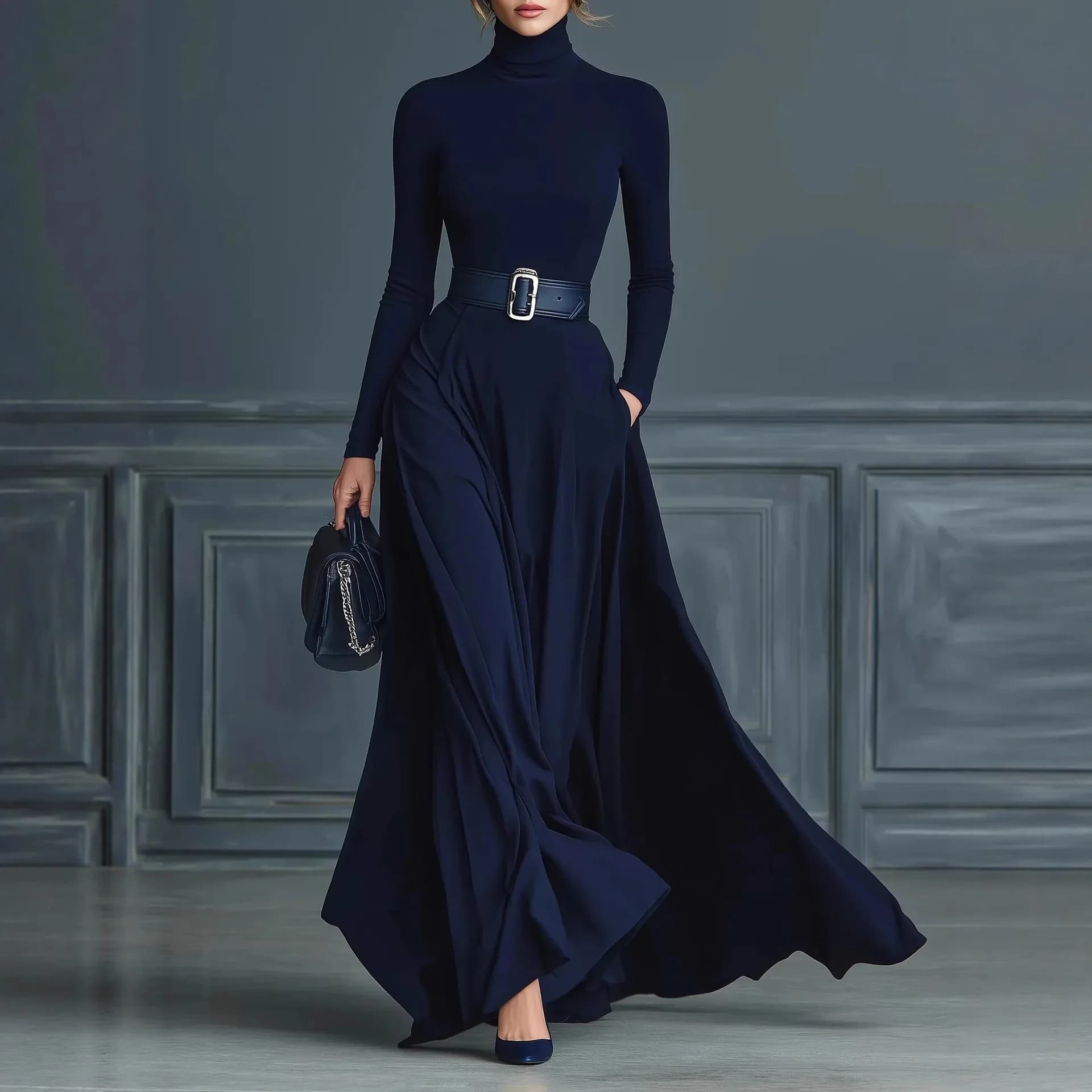 Robe de soirée élégante pour femme, col roulé, unie, avec poches, coupe ajustée, grande jupe évasée,