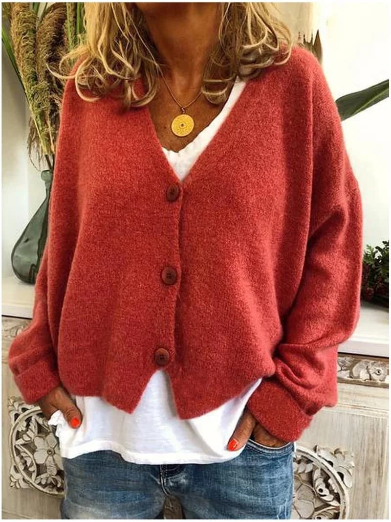 Cardigan court vintage en mélange de laine pour femme, col en V, 3 boutons, manches longues amples,