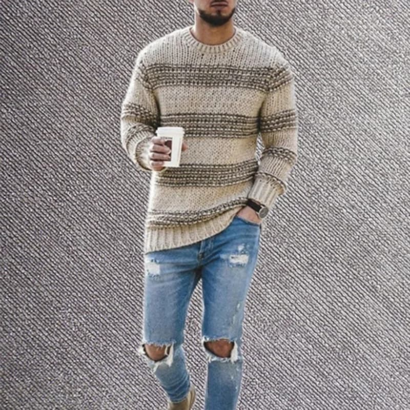 Pull rayé pour hommes, pull décontracté, mode automne et hiver, col rond, haut tricoté