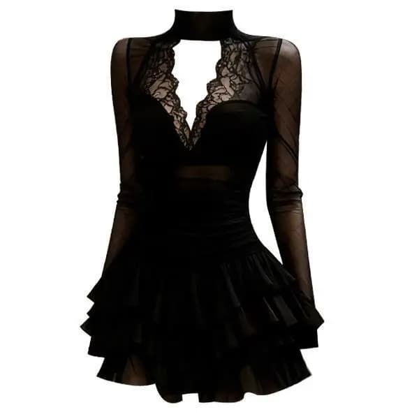 Robe Courte Femme Noire Style Français en Dentelle à Col Profond, Amincissante et Sexy, avec Jupe Su