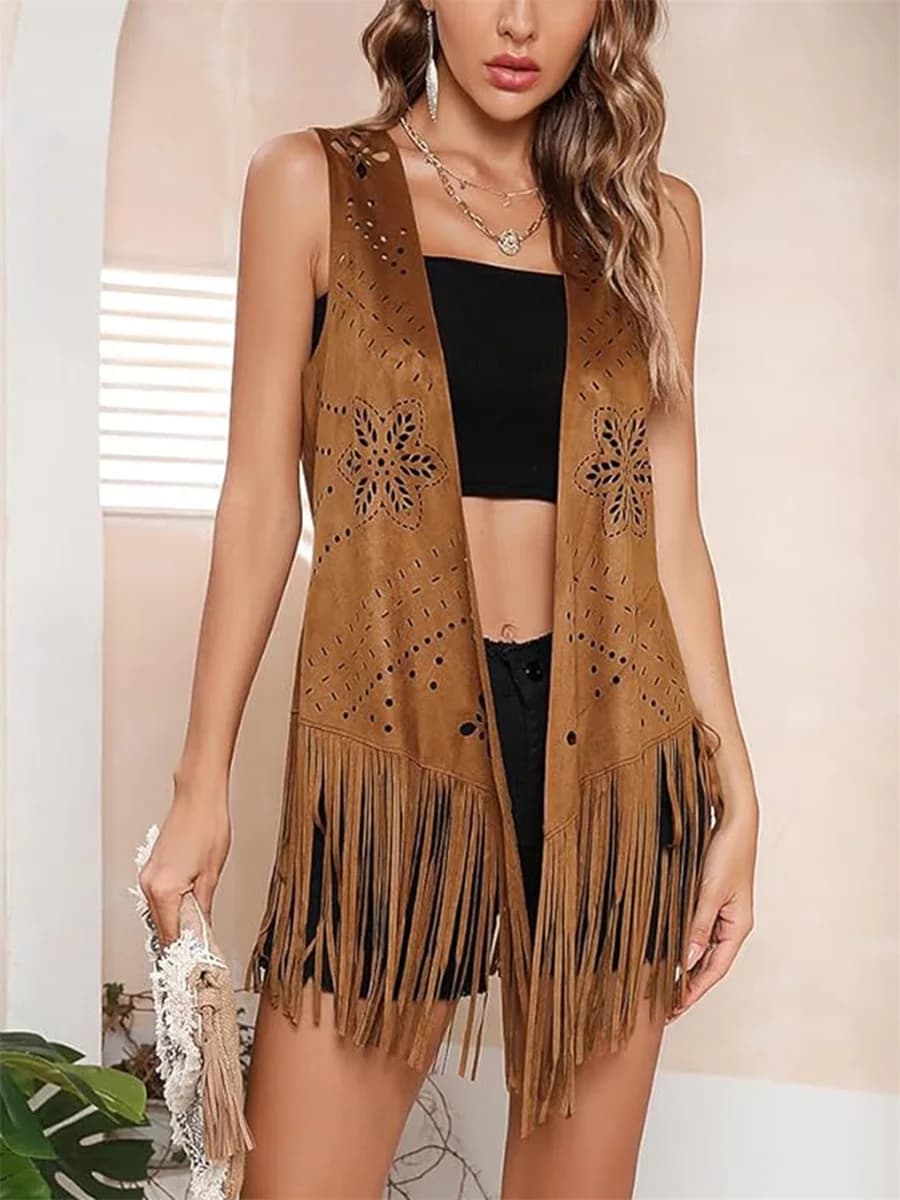 Veste longue à franges pour femmes, Vintage, Faux daim, sans manches, ouvert sur le devant, gilet à