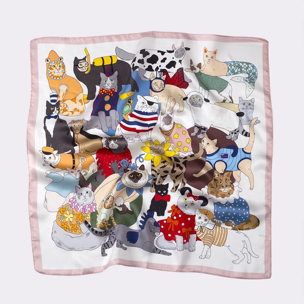 InjBandannas-Foulard de Luxe en Satin Doux pour Femme, Écharpe Carrée Imprimée Chat Mignon, 70x70cm,