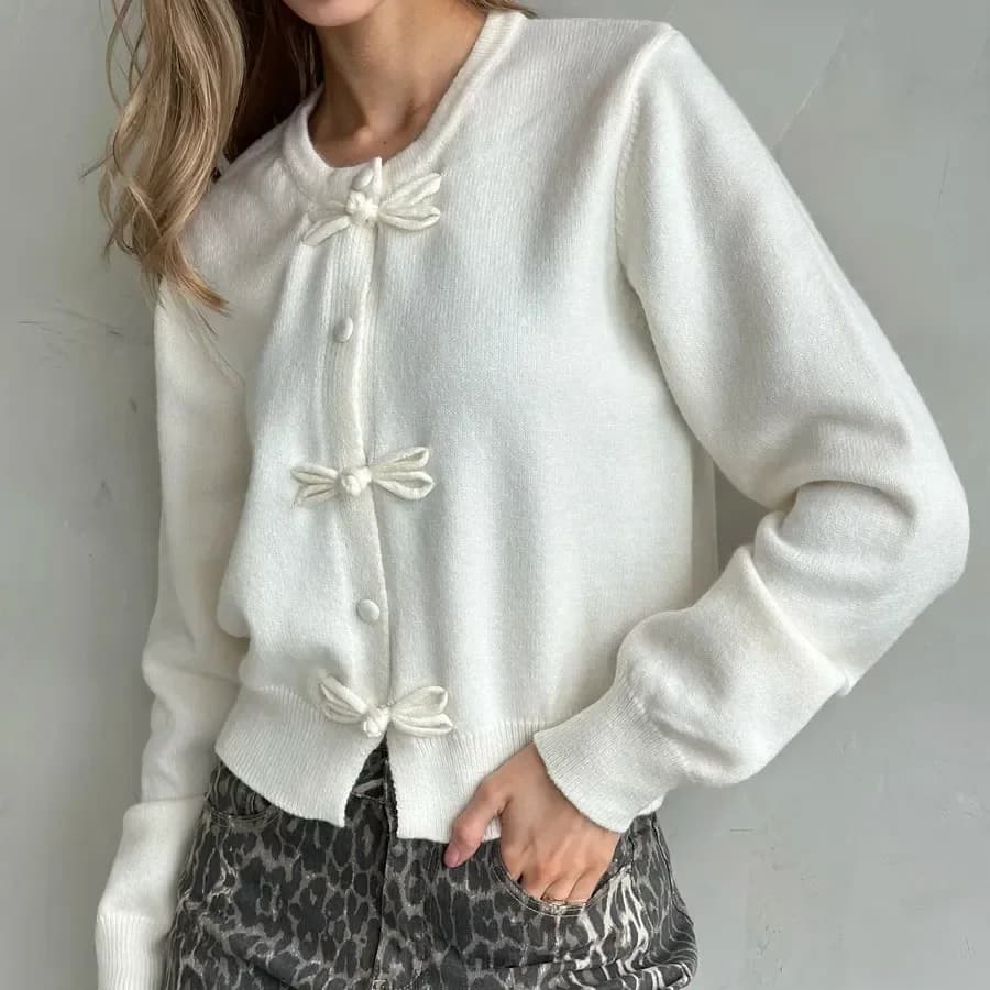 Cardigan en tricot pour femmes avec boutons à nœud, manches longues, ouvert, manteau Y2K, doux, déco