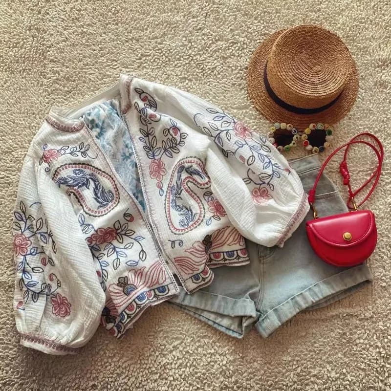 Chemisier brodé à manches 3/4 pour femmes, style bohème, chemise à points ouverts, nouveaux hauts pr
