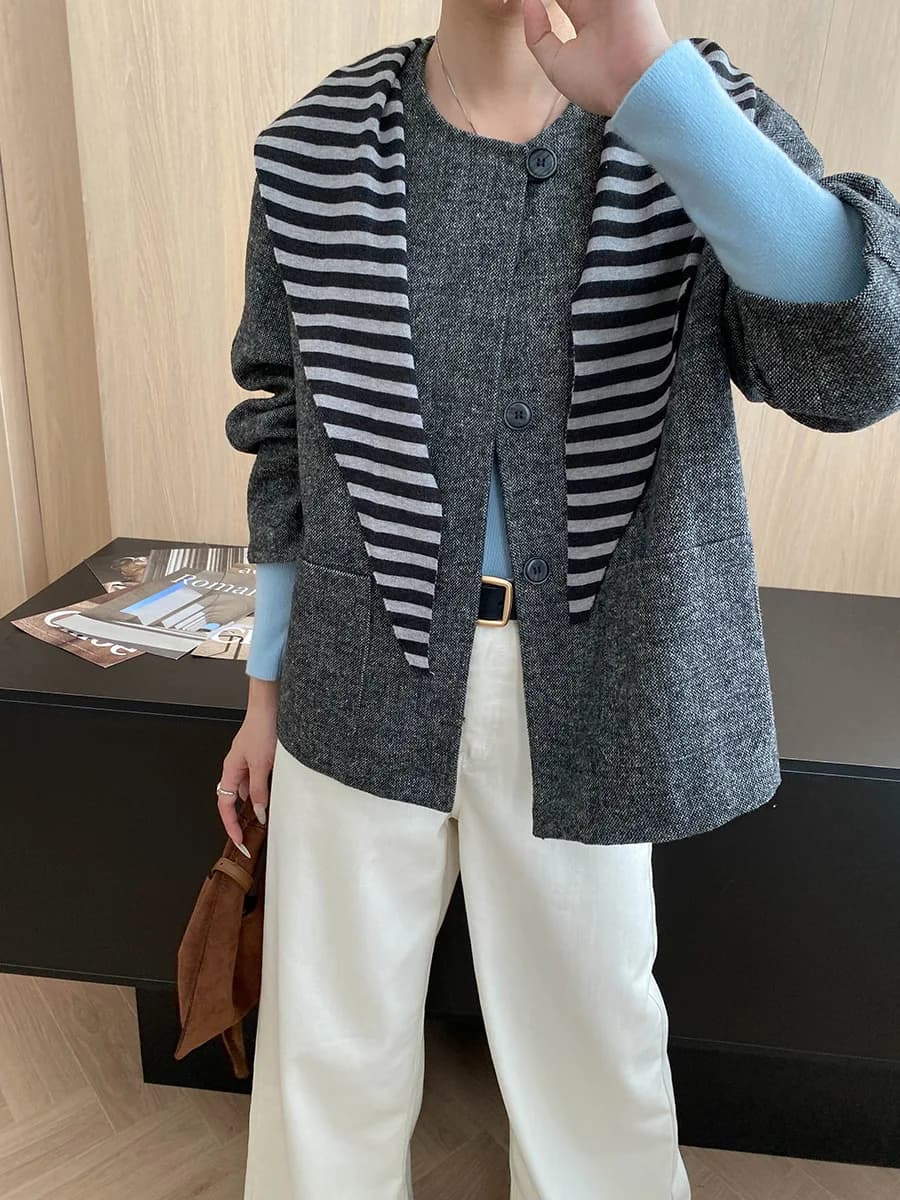 Manteau en laine grossière pour femmes, petit châle rayé, col rond, ample, décontracté, style parfum