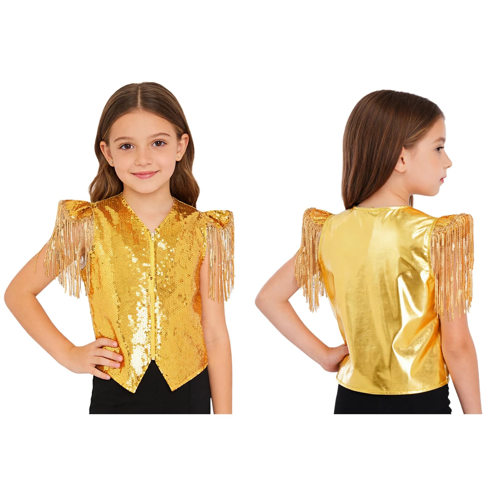 Gilet scintillant métallique à sequins pour enfants (garçons et filles) avec franges, manches courte