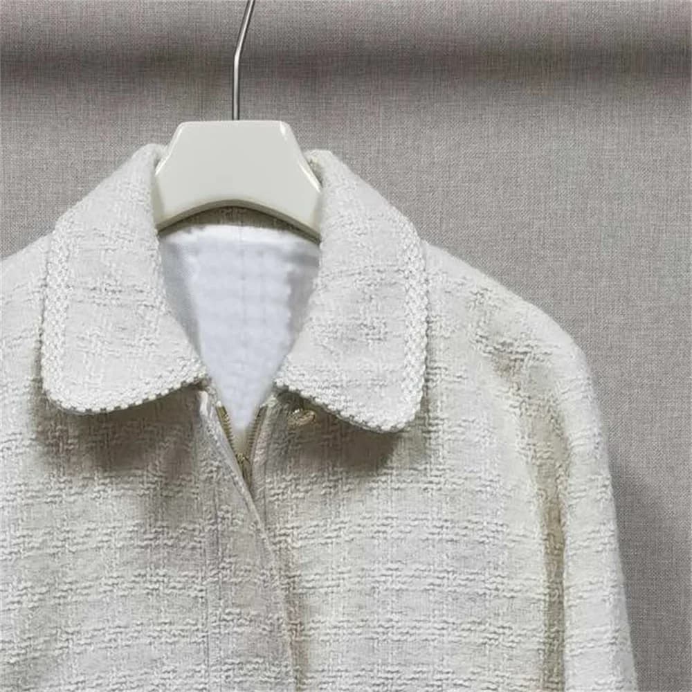 Manteau en tweed tissé à col rabattu pour femmes, veste courte élégante à manches longues avec ferme
