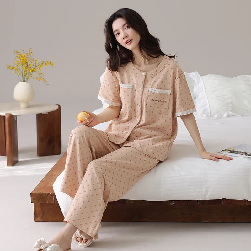 Ensemble pyjama d'été en coton tricoté pour femme, vêtements de nuit à manches courtes