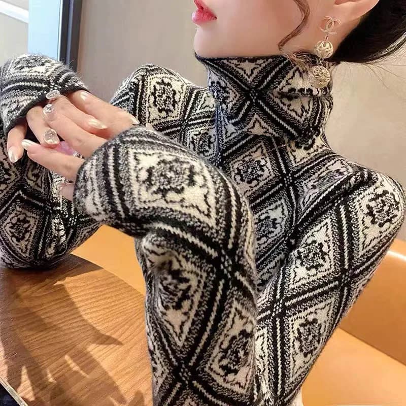 Pull à col roulé en tricot Argyle pour femme, vêtement à la mode, élégant, Chic, Slim, manches longu