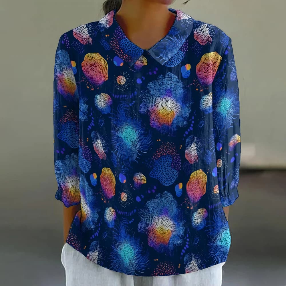 Chemise colorée à pois mignons Chemisier à manches 3/4 et col rabattu pour femme, haut d'été en ti