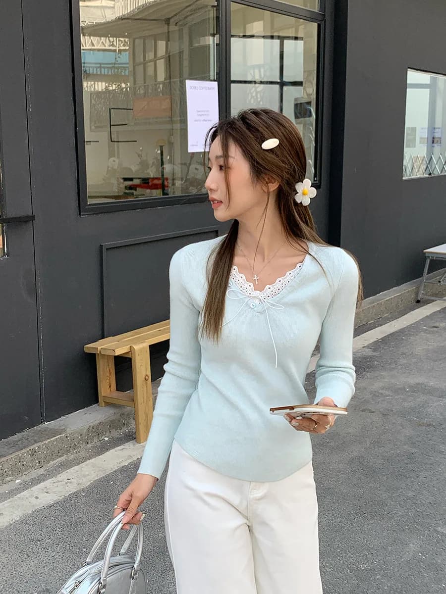 T-shirt à manches longues et col en v pour femme, pull à bascule, avec nœud en dentelle, Niche intér