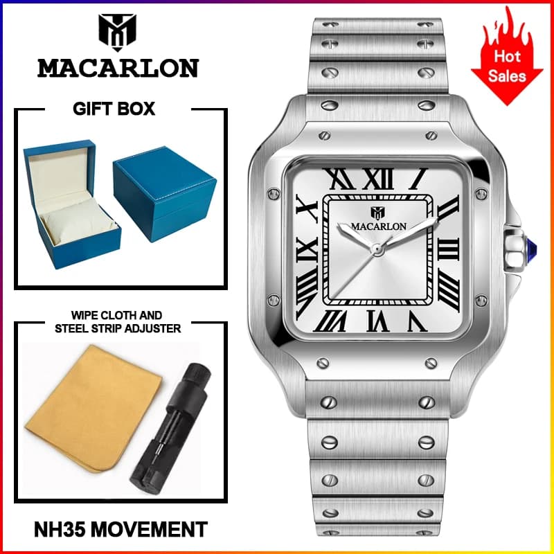 Nouvelle montre mécanique MACARLON Design 2026, 38 mm, verre saphir, luminescent, acier inoxydable,