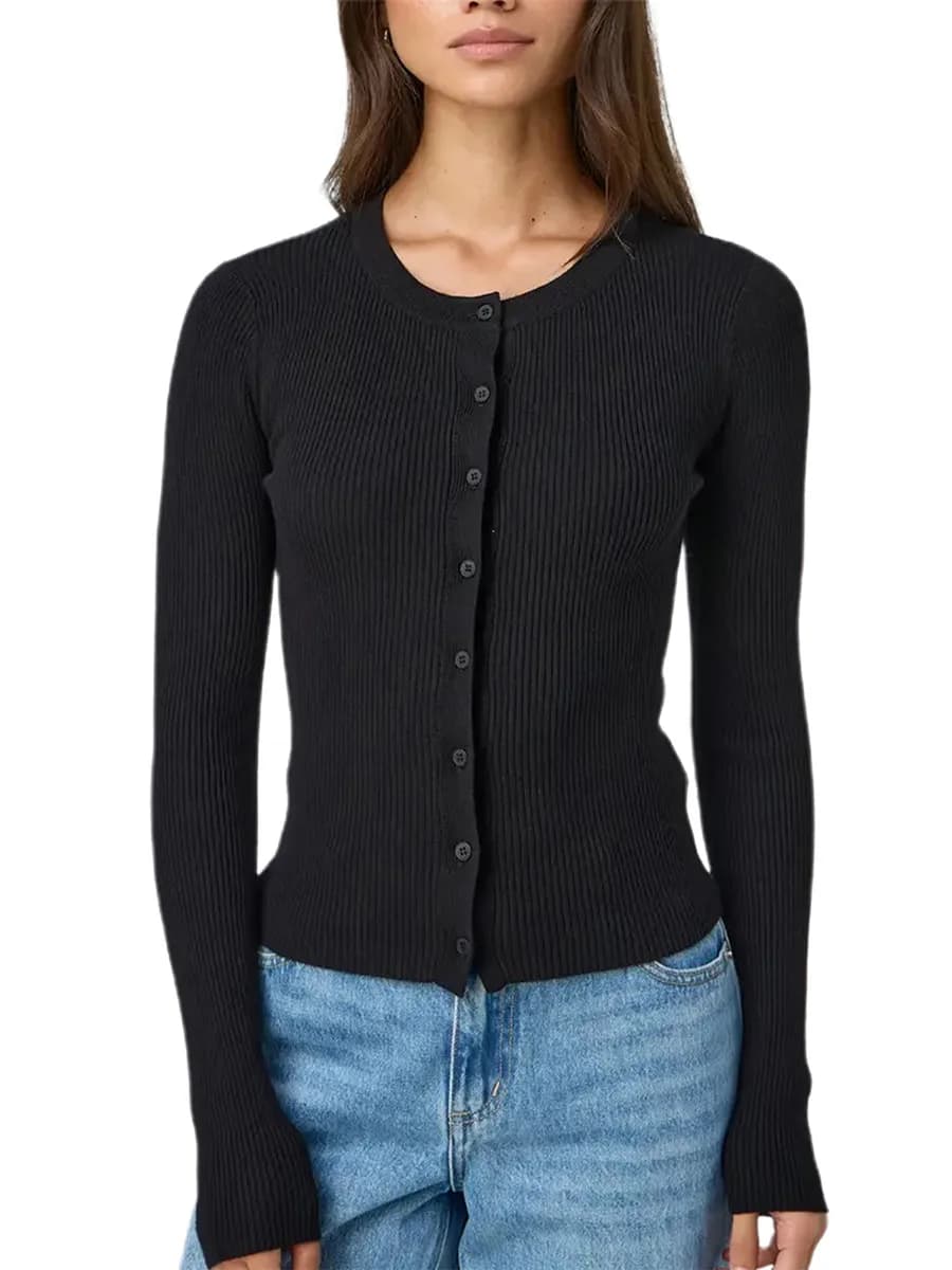 Cardigan en tricot côtelé pour femme, décontracté, couleur unie, manches longues, col rond, boutonné