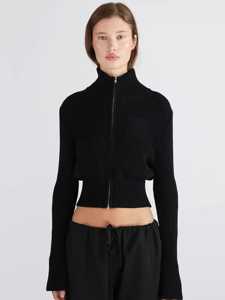 Cardigan en tricot à manches longues pour femmes, pull élégant à la mode avec fermeture éclair, col