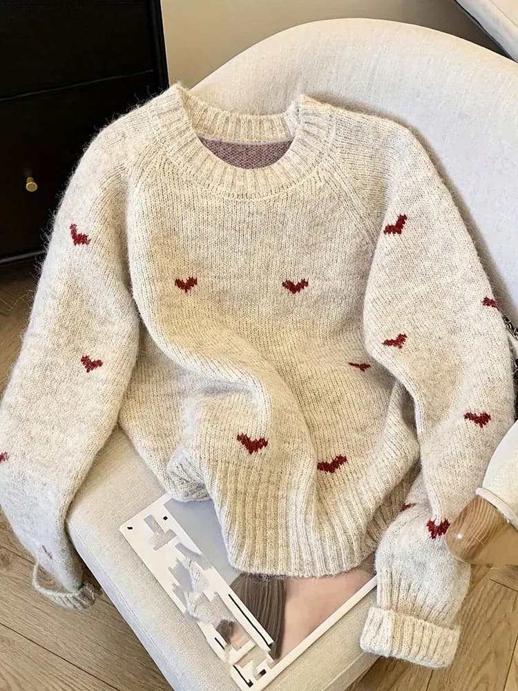Pull confortable à manches longues et col rond pour femme, vêtement chaud et polyvalent, motif cœur,