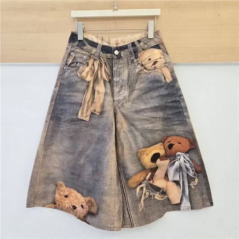 Jean ample taille haute pour femme, imprimé ours en peluche, style Y2K streetwear, décontracté et mi