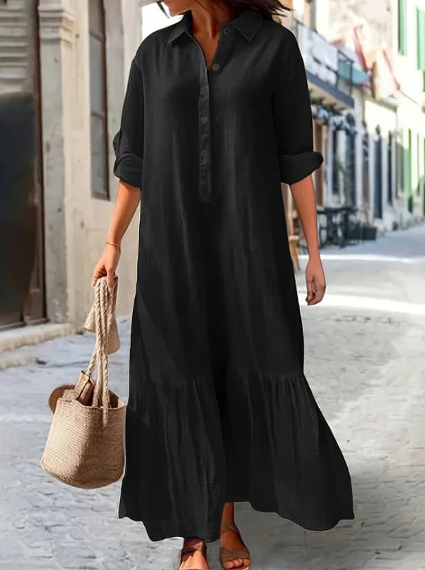 Robe longue irrégulière en lin, col chemise, bouton torsadé, tenue décontractée