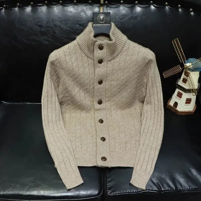 Cardigan à col haut de couleur unie, pull tricoté à col roulé pour hommes, vêtements noirs unis, san