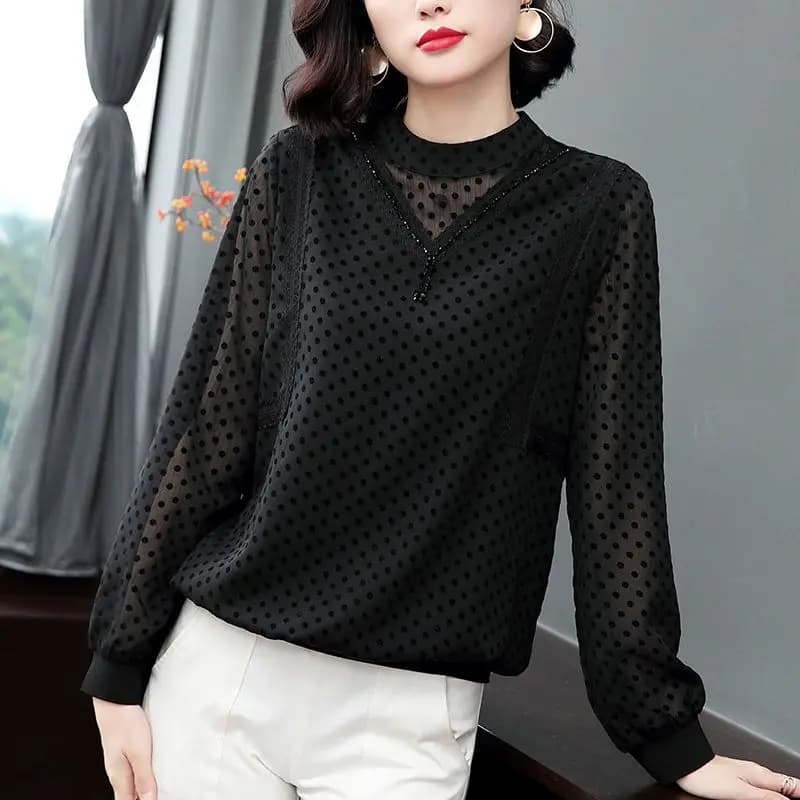 Chemisier imprimé à pois pour femmes, mode, perles, gland, vêtements pour femmes, dentelle épissée,