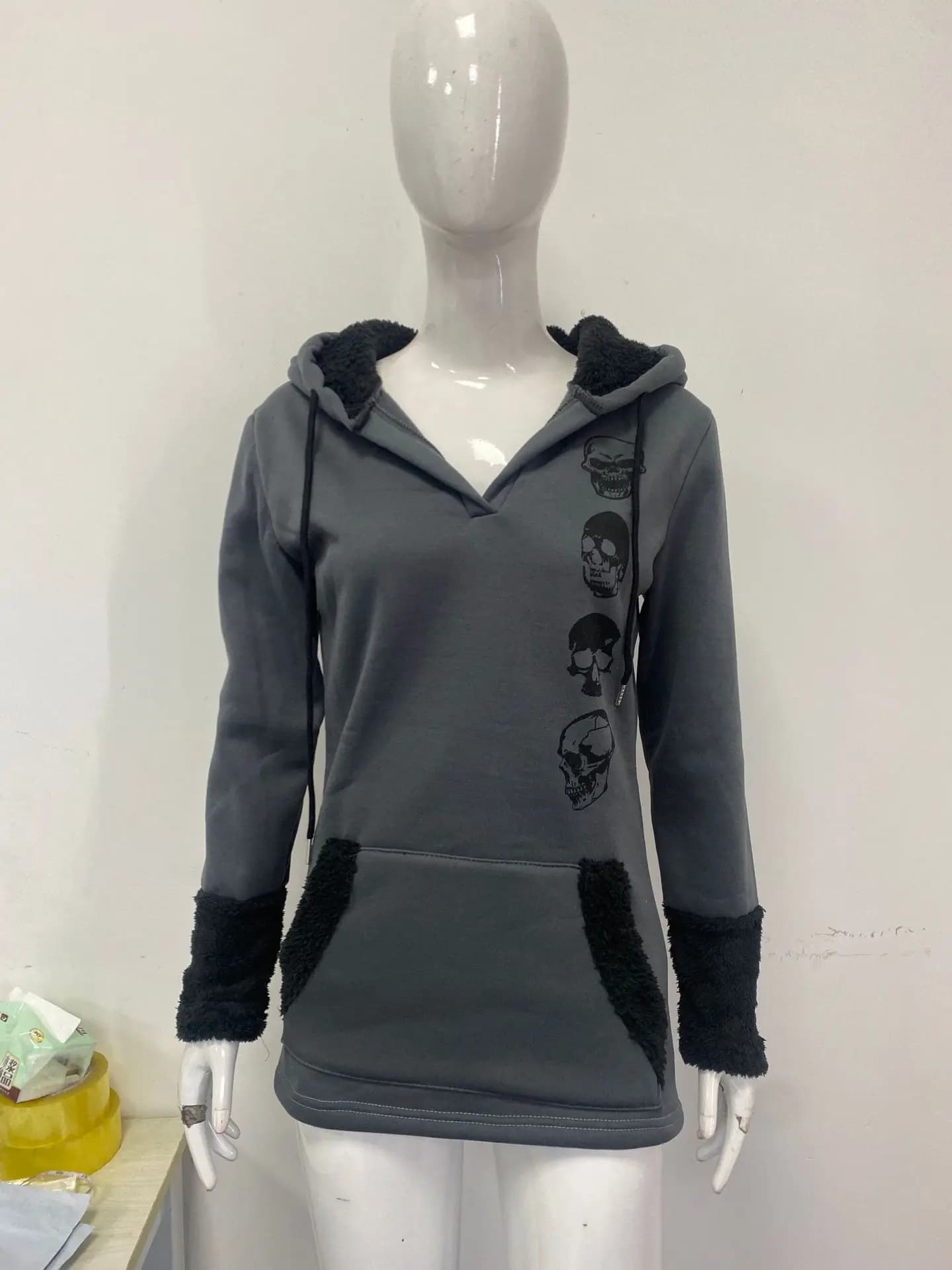 Sweat-shirt à capuche en laine d'agneau gris vintage américain, imprimé, cintré à la taille, haut pr