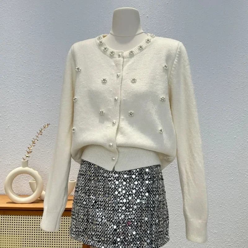 Pull élégant à perles pour femmes, couleur unie, doux, haut en tricot, Cardigan doux, printemps auto