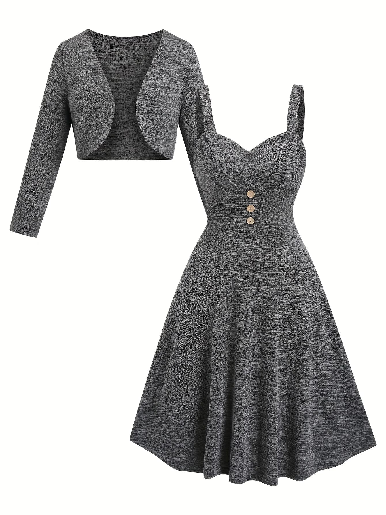 Un ensemble deux pièces d'un cardigan gris foncé confortable avec une robe dos nu pour femme