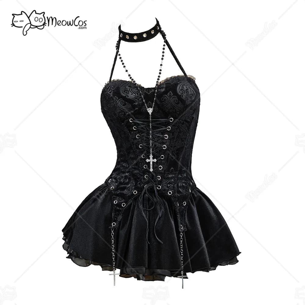 MEOWCOS Ensemble jupe corset noire gothique Misa pour femme avec corset licou à lacets et jupe super