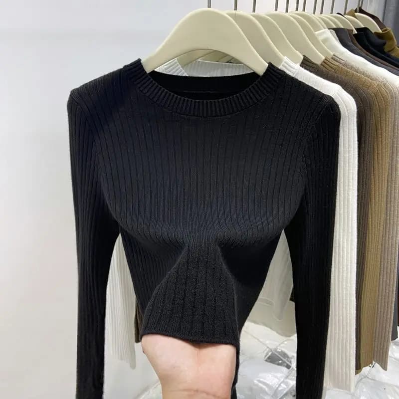 Pulls courts solide col rond automne hiver bases femme chandails mode coréenne Vintage Simple Sueter