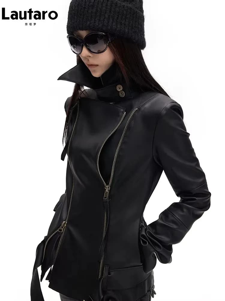 Veste en cuir PU noir doux et élégant Lautaro pour femme, manches longues, double fermeture éclair,