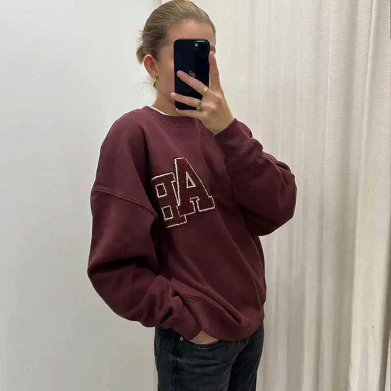 Sweat-shirt surdimensionné bordeaux foncé pour femme, style à enfiler, lettres floquées, détail, bor