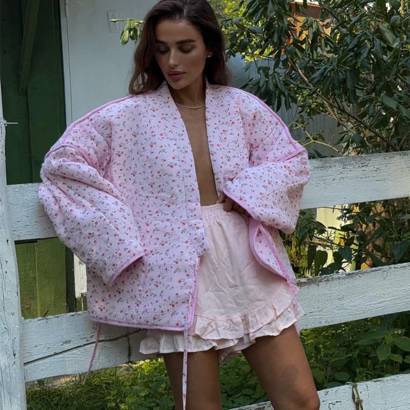 Cardigan à imprimé floral pour femme, joli manteau à lacets, rose, décontracté, optique, mode combin