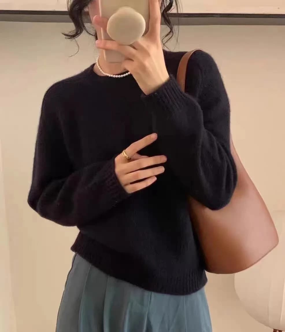 Pull ample décontracté en laine pour femme, couleur unie, col rond, manches longues, hiver