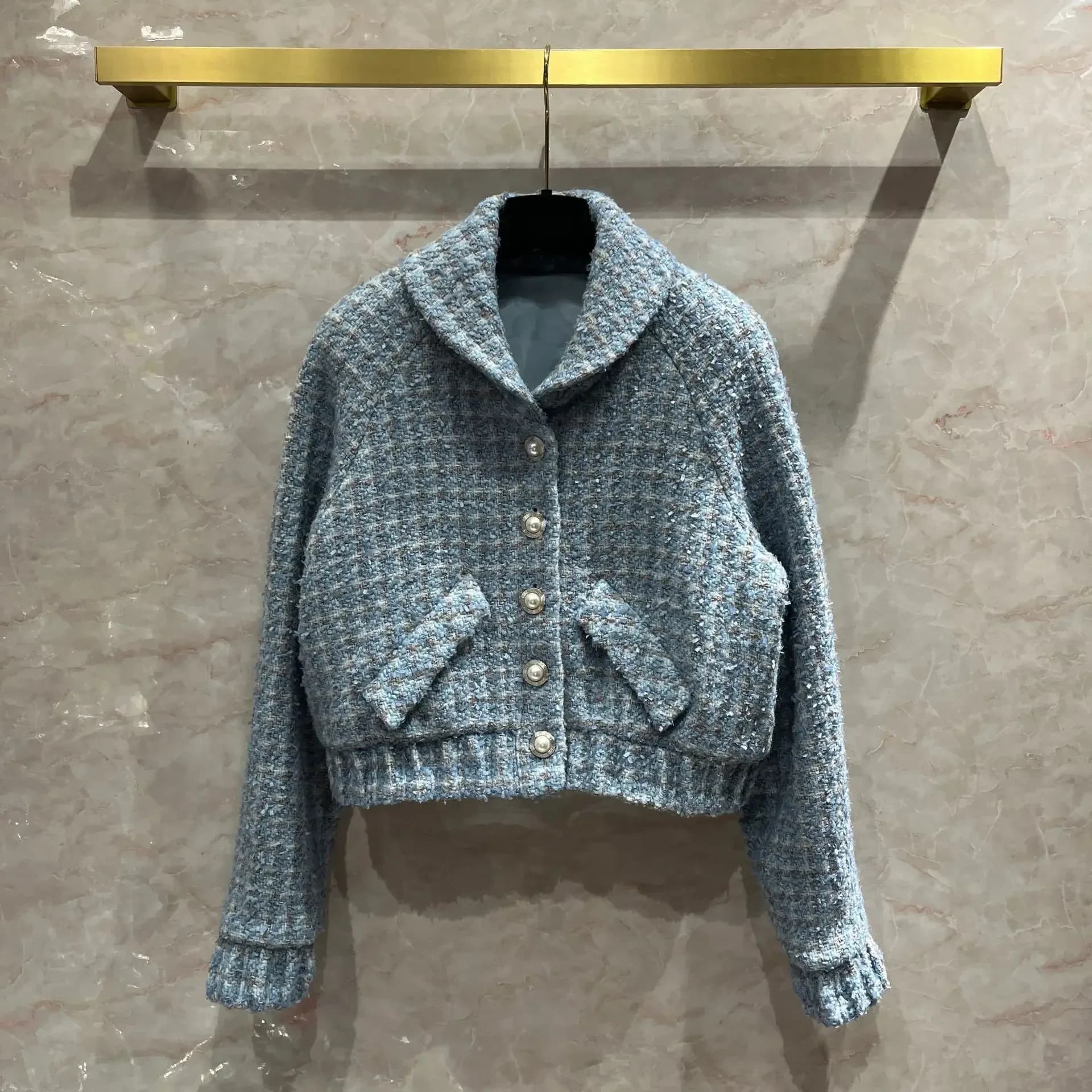 Nouveau manteau en tweed bleu à carreaux avec col rond tissé, veste courte en laine haut de gamme po