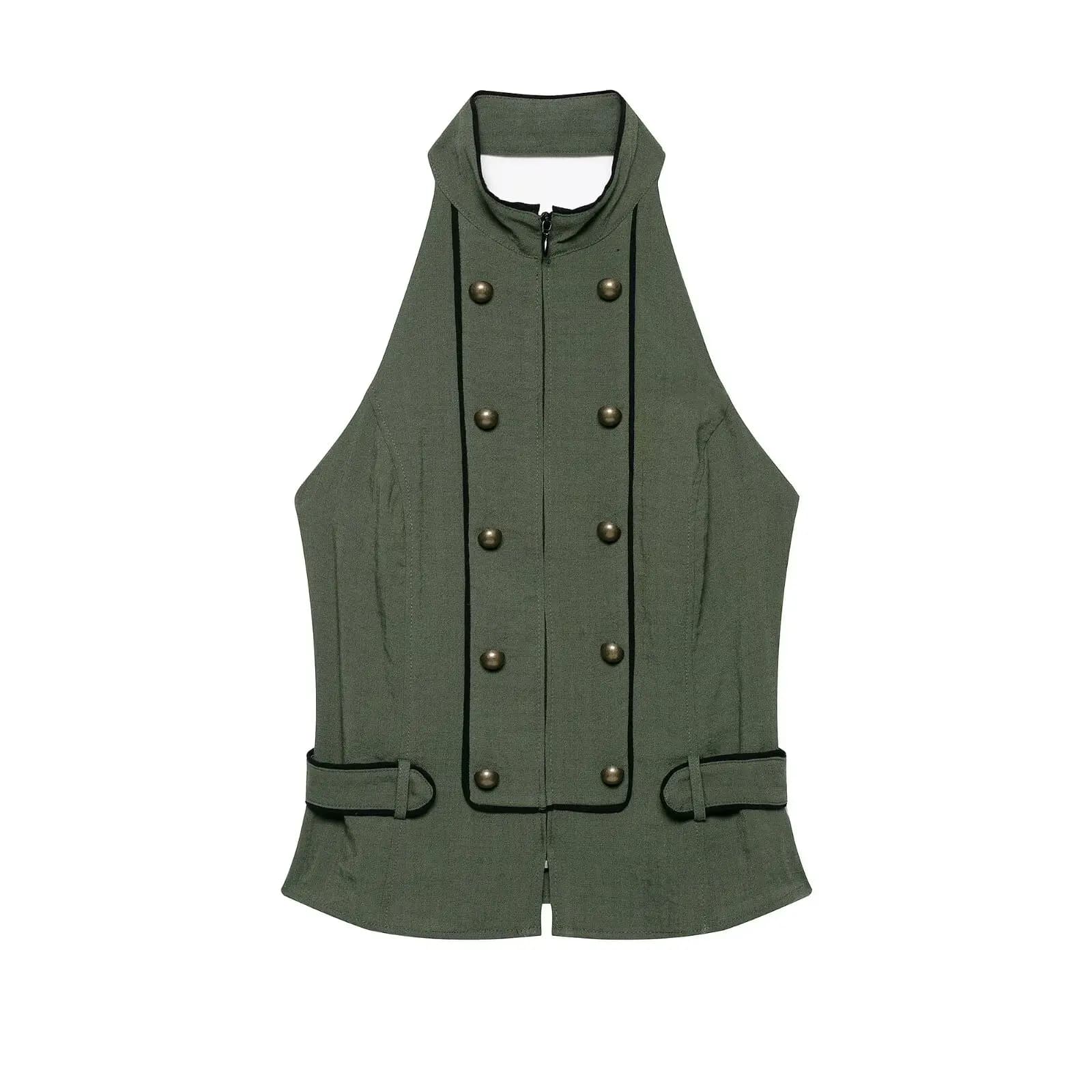 Gilet militaire vintage HH pour femme, col licou, double boutonnage, dos ouvert, sans manches, style