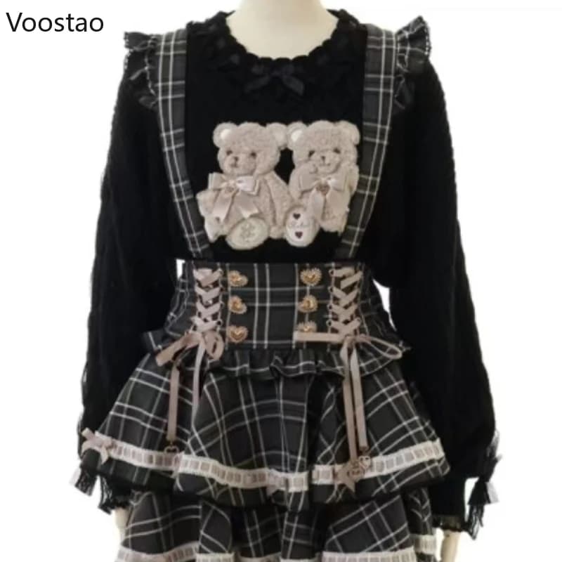 Pull tricoté Vintage Style Lolita pour filles, mignon en peluche, ours de dessin animé brodé avec nœ