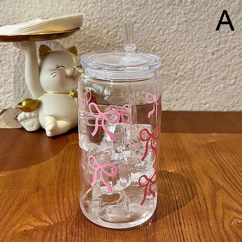Tasse en plastique avec nœud rose de 500ml, tasse transparente pour café au lait avec paille, nouvel