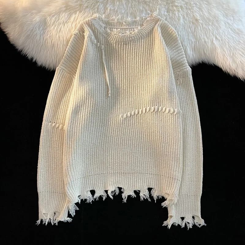 Vintage trou glands pull hommes femmes automne manches longues Kint hauts mode ample tricoté pull Co
