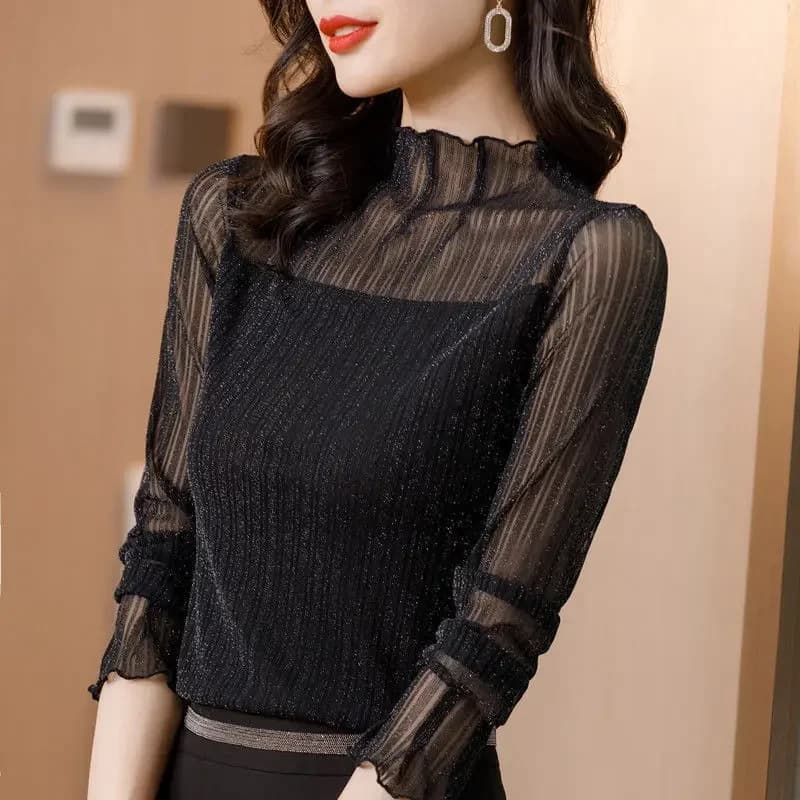 T-shirt à col roulé en dentelle pour femme, manches longues, noir, haute qualité, classique, esthéti